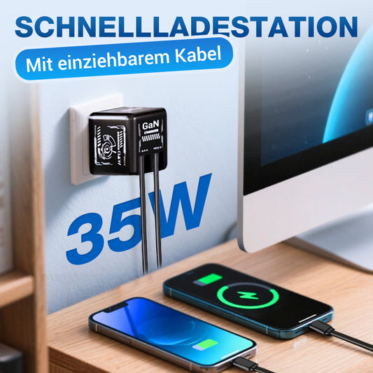 USB-C Schnellladestation mit einziehbarem Kabel – Universell einsetzbar