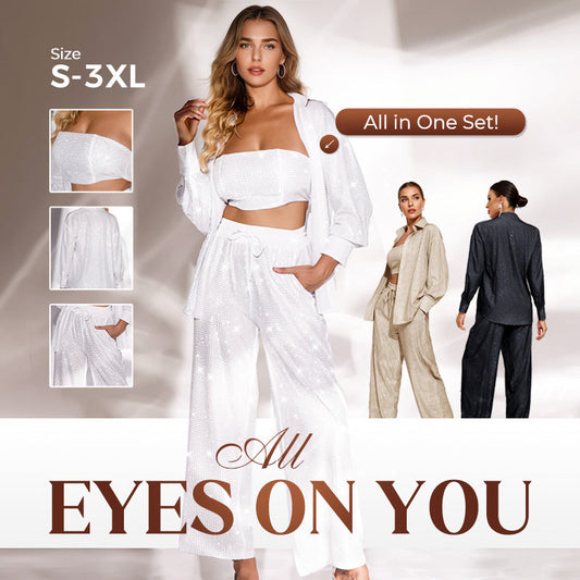 💕2025 HEISSER VERKAUF💐Paillettenblazer und weite Hose für Damen (3-teiliges Set)