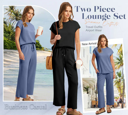 🌺2025 Neu eingetroffen🌺2025 Neue Frauen Casual Cap Sleeve Top Wide Leg Crop Pants Zweiteilige Sets