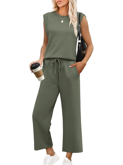 🌺2025 Neu eingetroffen🌺2025 Neue Frauen Casual Cap Sleeve Top Wide Leg Crop Pants Zweiteilige Sets