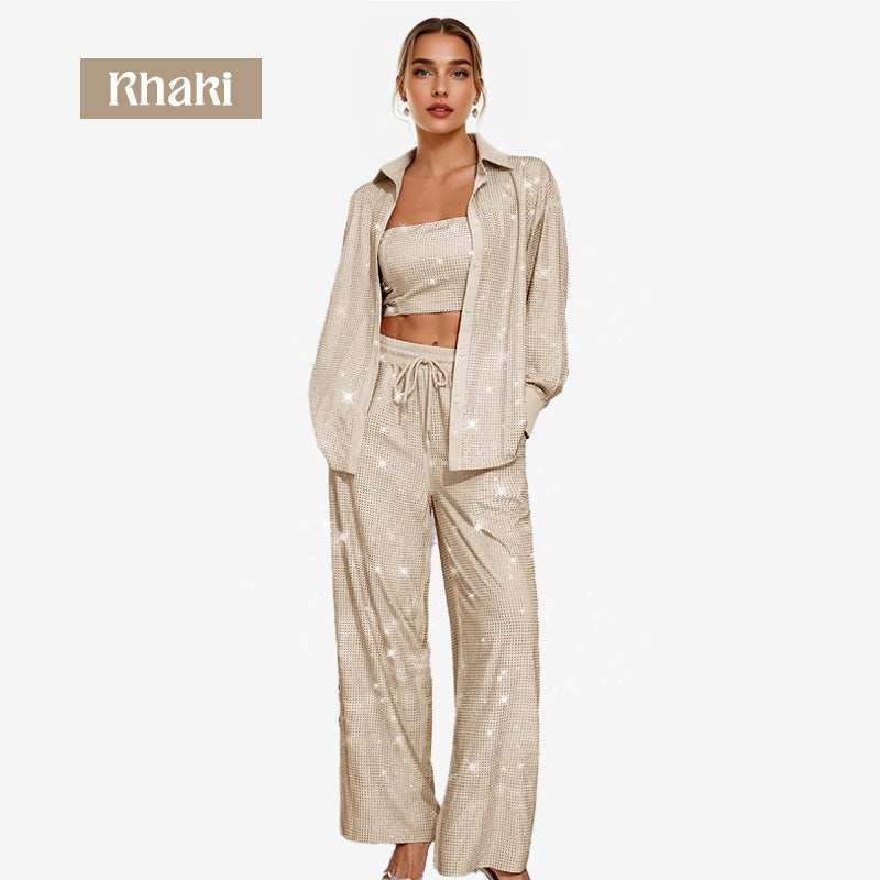 💕2025 HEISSER VERKAUF💐Paillettenblazer und weite Hose für Damen (3-teiliges Set)