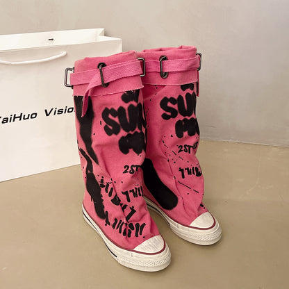 💗LETZTER TAG AKTION - 50% RABATT💗Flache Retro-Stiefel aus Canvas mit mittlerem Schaft für Damen