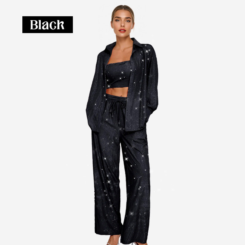 💕2025 HEISSER VERKAUF💐Paillettenblazer und weite Hose für Damen (3-teiliges Set)