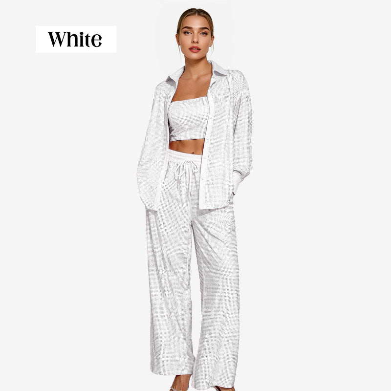 💕2025 HEISSER VERKAUF💐Paillettenblazer und weite Hose für Damen (3-teiliges Set)