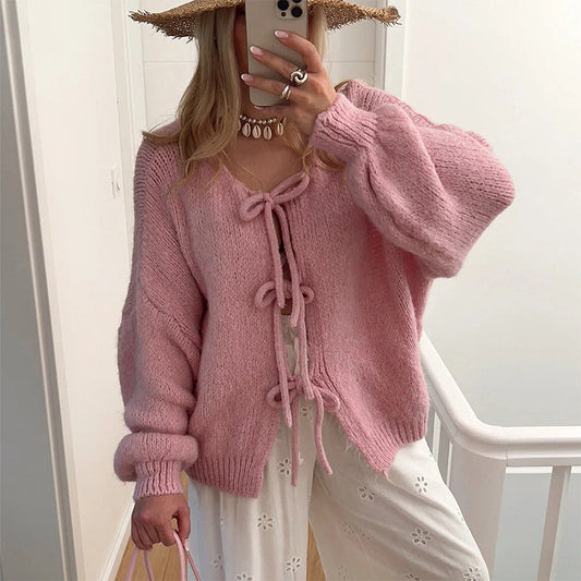 ✨Heißer Verkauf🔥Damen-Strickpullover mit langen Ärmeln und Schleife vorne✈️kostenloser Versand