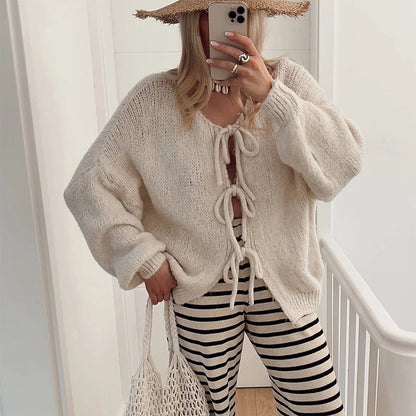 ✨Heißer Verkauf🔥Damen-Strickpullover mit langen Ärmeln und Schleife vorne✈️kostenloser Versand