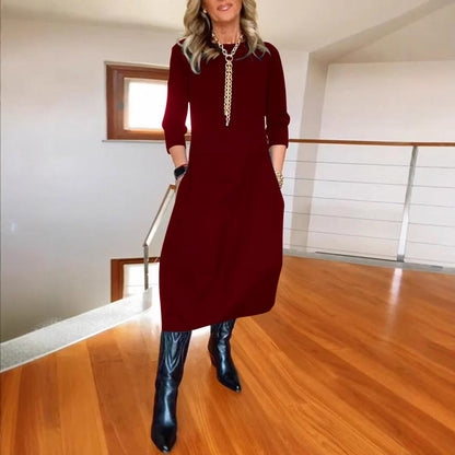 Mehrfarbige midi-lange Casual-Kleid (3/4-Arm Taschen Straight-Cut Kleid)