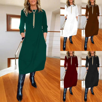 Mehrfarbige midi-lange Casual-Kleid (3/4-Arm Taschen Straight-Cut Kleid)
