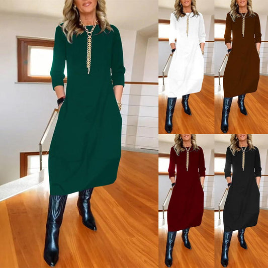 Mehrfarbige midi-lange Casual-Kleid (3/4-Arm Taschen Straight-Cut Kleid)