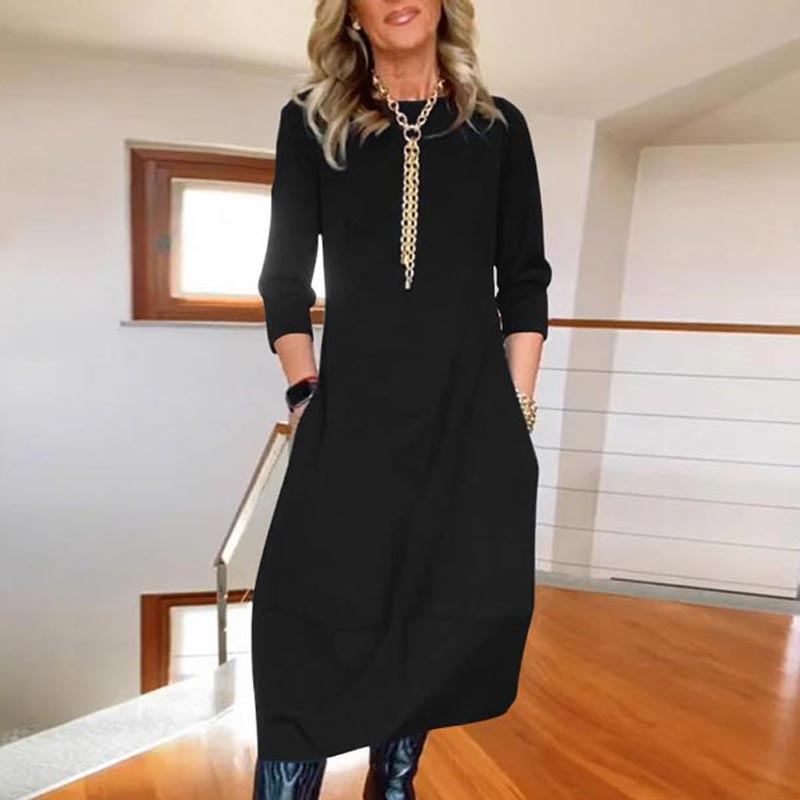 Mehrfarbige midi-lange Casual-Kleid (3/4-Arm Taschen Straight-Cut Kleid)