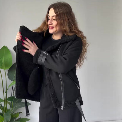 🧥✨Giacca in pelle con finta pelle di agnello da donna