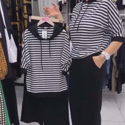 ⏳Begrenzte Zeit 50% Rabatt💥Damen-Set aus gestreiftem Oberteil und einfarbiger Hose