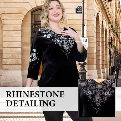👗✨ Elegantes 2-teiliges Samt-Set mit Kristallverzierungen 👗💎