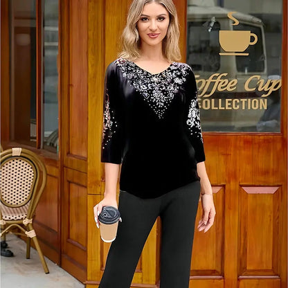 👗✨ Elegantes 2-teiliges Samt-Set mit Kristallverzierungen 👗💎