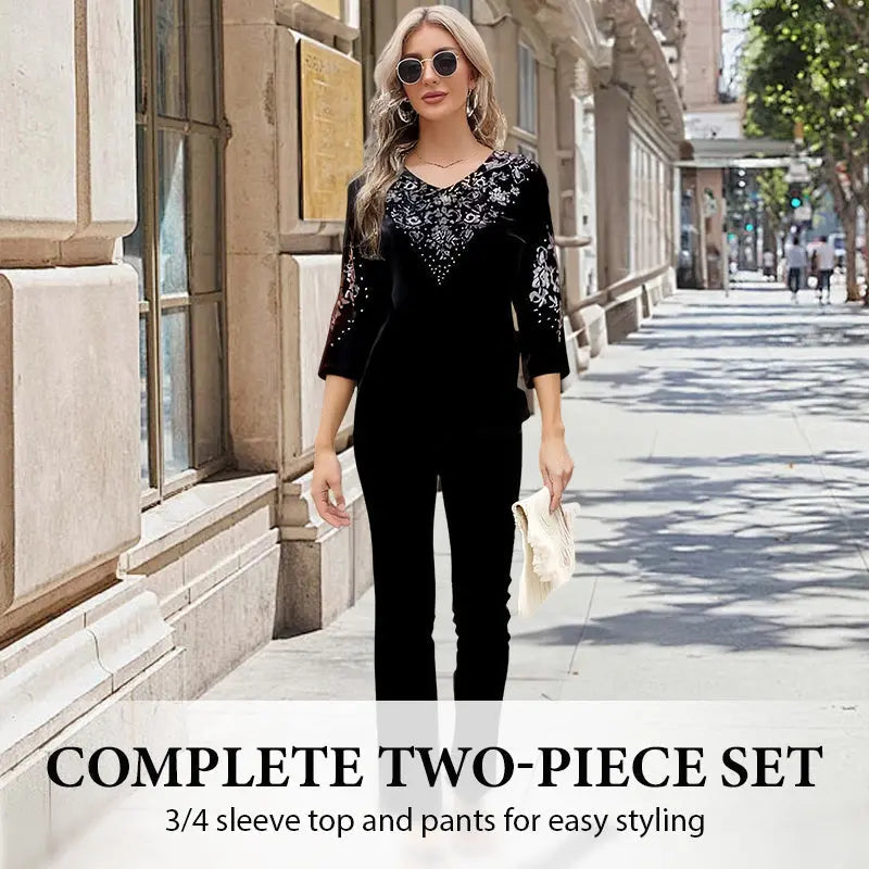 👗✨ Elegantes 2-teiliges Samt-Set mit Kristallverzierungen 👗💎