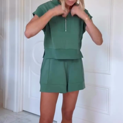 Buttery Touch Kurzarm-Sweatshirt mit halbem Reißverschluss und lässigem Shorts-Set mit elastischer Taillentasche