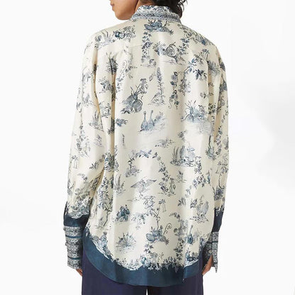 Elegante, locker sitzende Oversized-Damenbluse mit Print und Kontrastfarbe