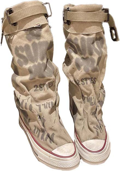 💗LETZTER TAG AKTION - 50% RABATT💗Flache Retro-Stiefel aus Canvas mit mittlerem Schaft für Damen