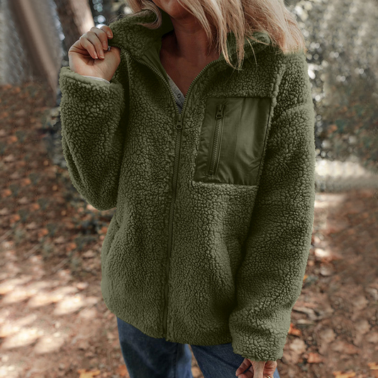 Damen warme Jacke mit Reißverschluss und Brusttasche