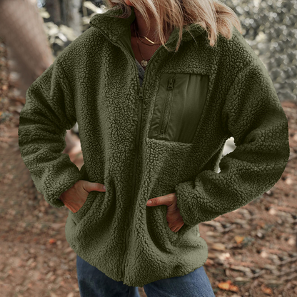 Damen warme Jacke mit Reißverschluss und Brusttasche