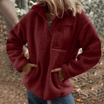 Damen warme Jacke mit Reißverschluss und Brusttasche