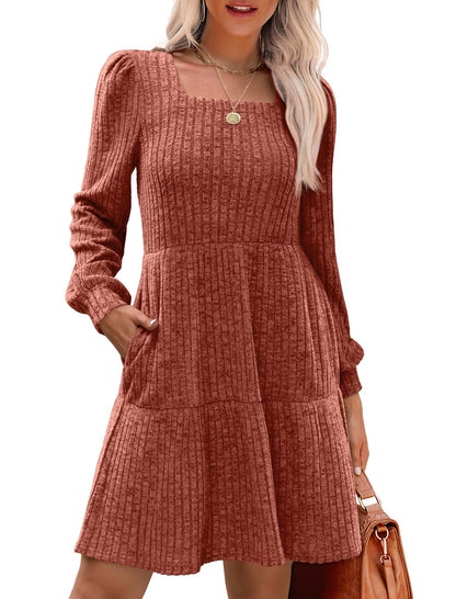 🍂Was soll ich morgen anziehen?⏰Women's Square Neck Lantern Sleeve Ribbed Dress|Glow in Autumnal Elegance!🍁