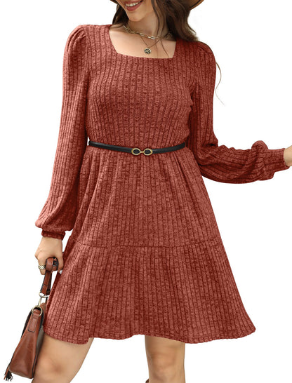 🍂Was soll ich morgen anziehen?⏰Women's Square Neck Lantern Sleeve Ribbed Dress|Glow in Autumnal Elegance!🍁