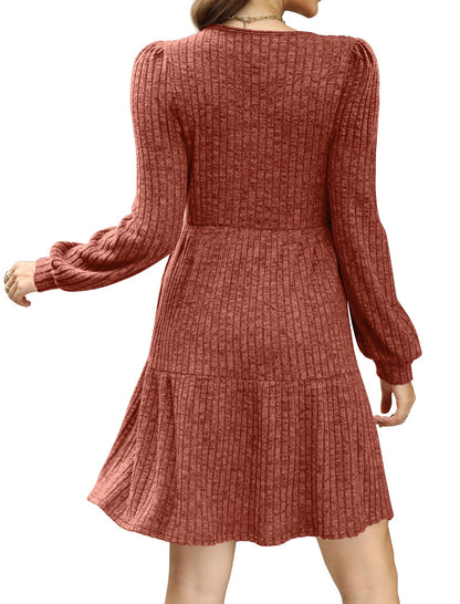 🍂Was soll ich morgen anziehen?⏰Women's Square Neck Lantern Sleeve Ribbed Dress|Glow in Autumnal Elegance!🍁