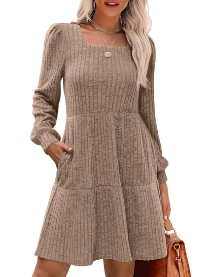🍂Was soll ich morgen anziehen?⏰Women's Square Neck Lantern Sleeve Ribbed Dress|Glow in Autumnal Elegance!🍁