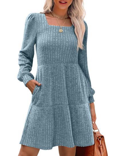 🍂Was soll ich morgen anziehen?⏰Women's Square Neck Lantern Sleeve Ribbed Dress|Glow in Autumnal Elegance!🍁