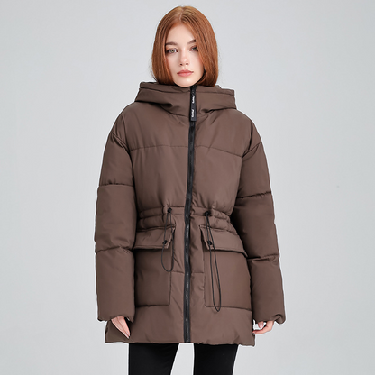 Warme, unifarbene Damen Steppjacke mit Kordelzug