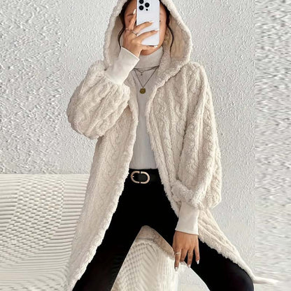 Damen weiche Plüschjacke in Midi-Länge mit Taschen