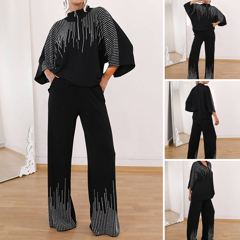 🔥Fri frakt på tvådelat set med strass för kvinnor: topp med halv dragkedja & vida byxor