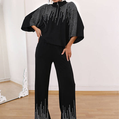 🔥Fri frakt på tvådelat set med strass för kvinnor: topp med halv dragkedja & vida byxor