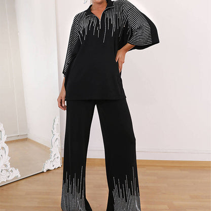 🔥Fri frakt på tvådelat set med strass för kvinnor: topp med halv dragkedja & vida byxor