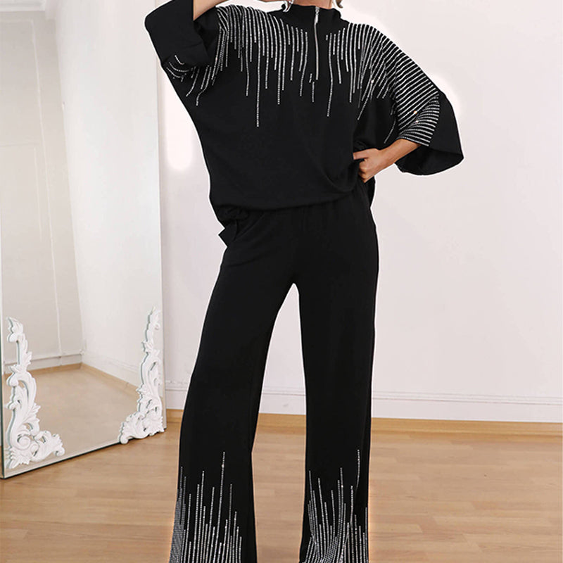 🔥Fri frakt på tvådelat set med strass för kvinnor: topp med halv dragkedja & vida byxor