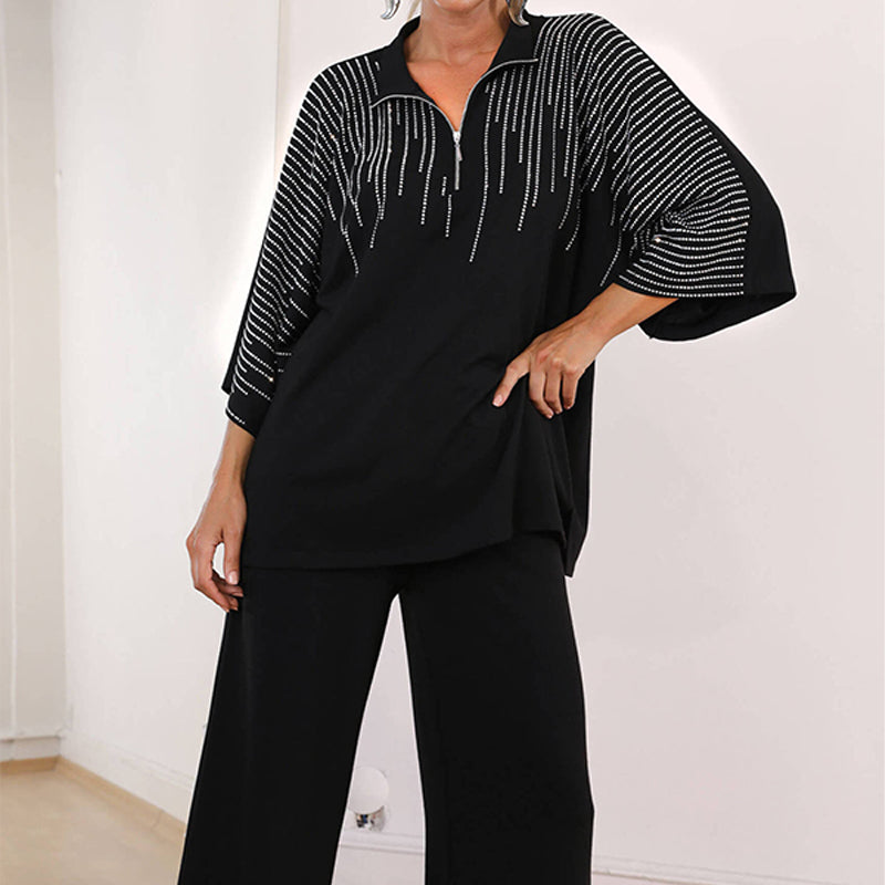 🔥Fri frakt på tvådelat set med strass för kvinnor: topp med halv dragkedja & vida byxor