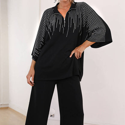 🔥Fri frakt på tvådelat set med strass för kvinnor: topp med halv dragkedja & vida byxor