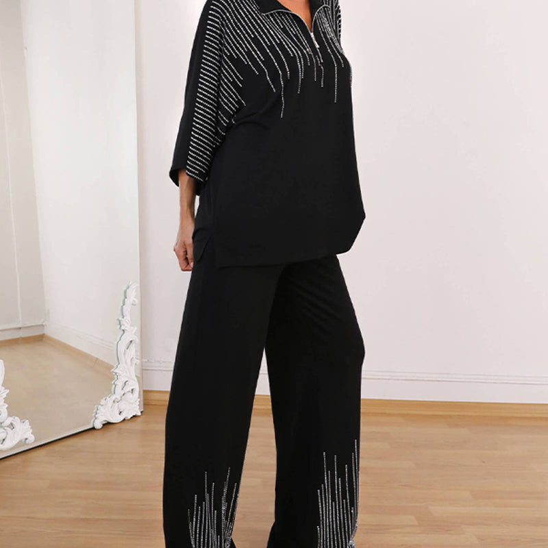 🔥Fri frakt på tvådelat set med strass för kvinnor: topp med halv dragkedja & vida byxor