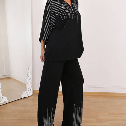 🔥Fri frakt på tvådelat set med strass för kvinnor: topp med halv dragkedja & vida byxor