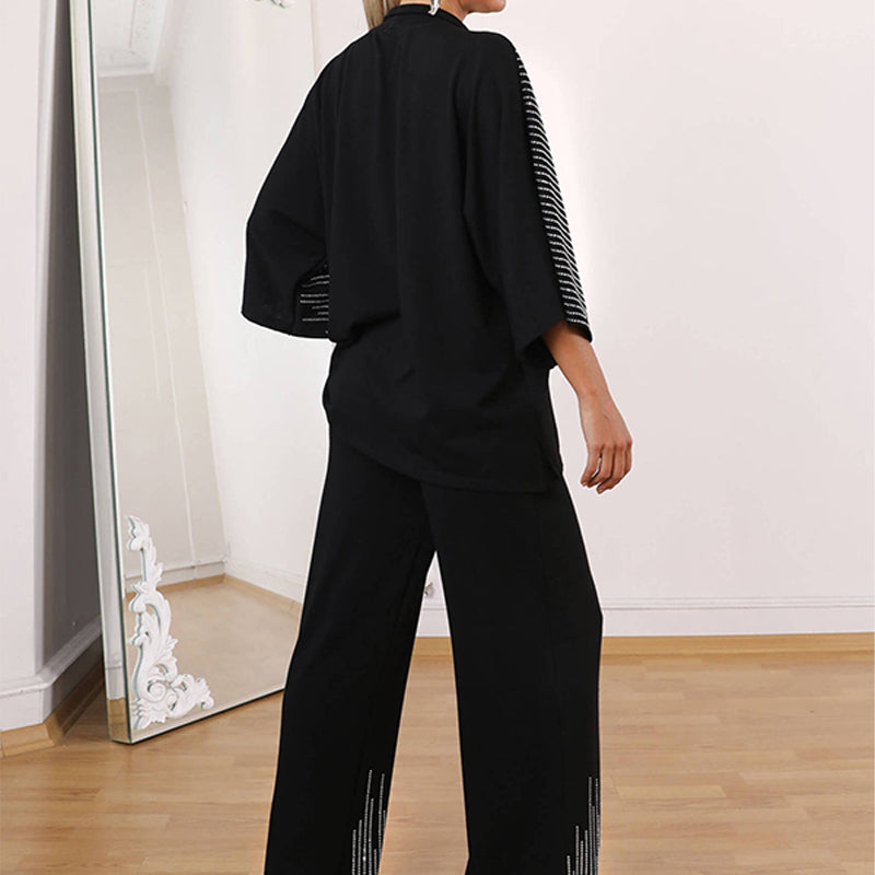 🔥Fri frakt på tvådelat set med strass för kvinnor: topp med halv dragkedja & vida byxor