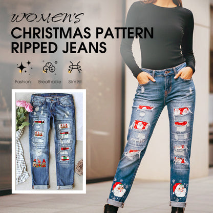 Weihnachtsmuster-Ripped-Jeans für Frauen