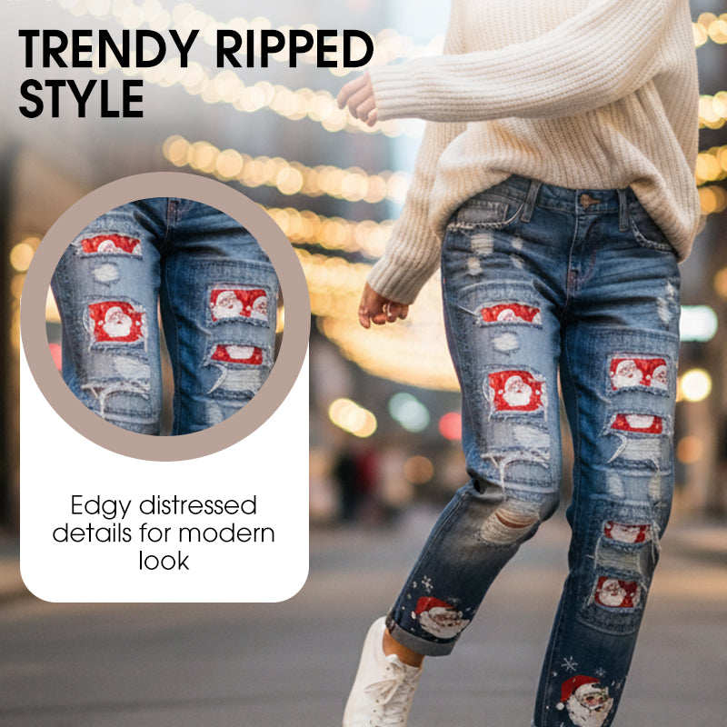 Weihnachtsmuster-Ripped-Jeans für Frauen