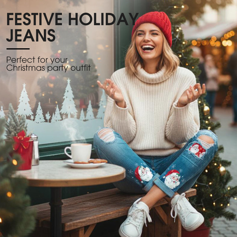 Weihnachtsmuster-Ripped-Jeans für Frauen