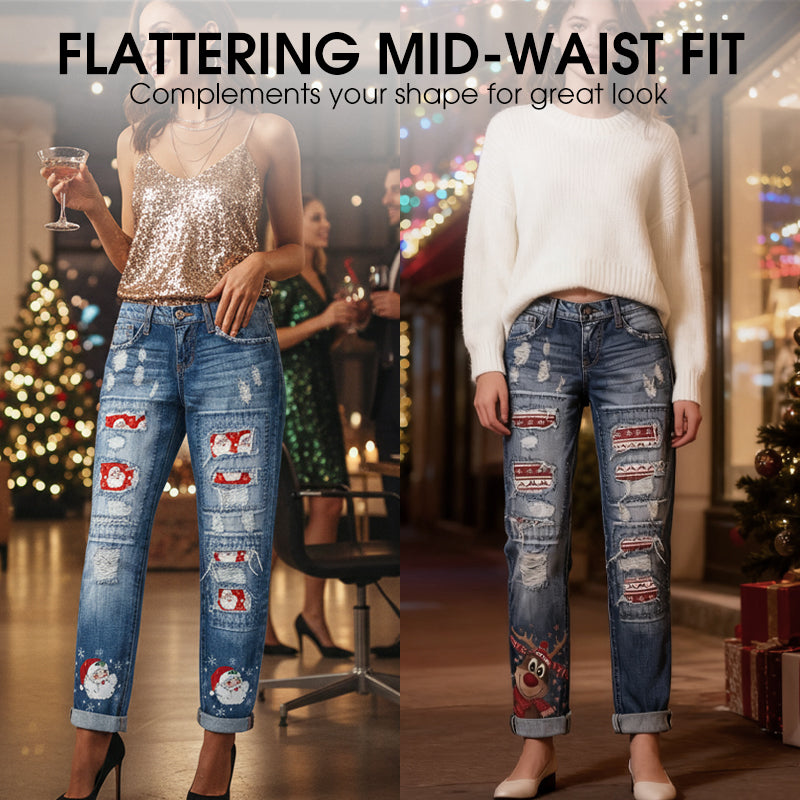 Weihnachtsmuster-Ripped-Jeans für Frauen