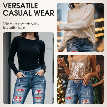 Weihnachtsmuster-Ripped-Jeans für Frauen