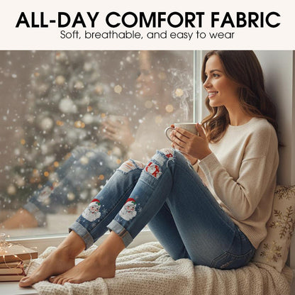 Weihnachtsmuster-Ripped-Jeans für Frauen