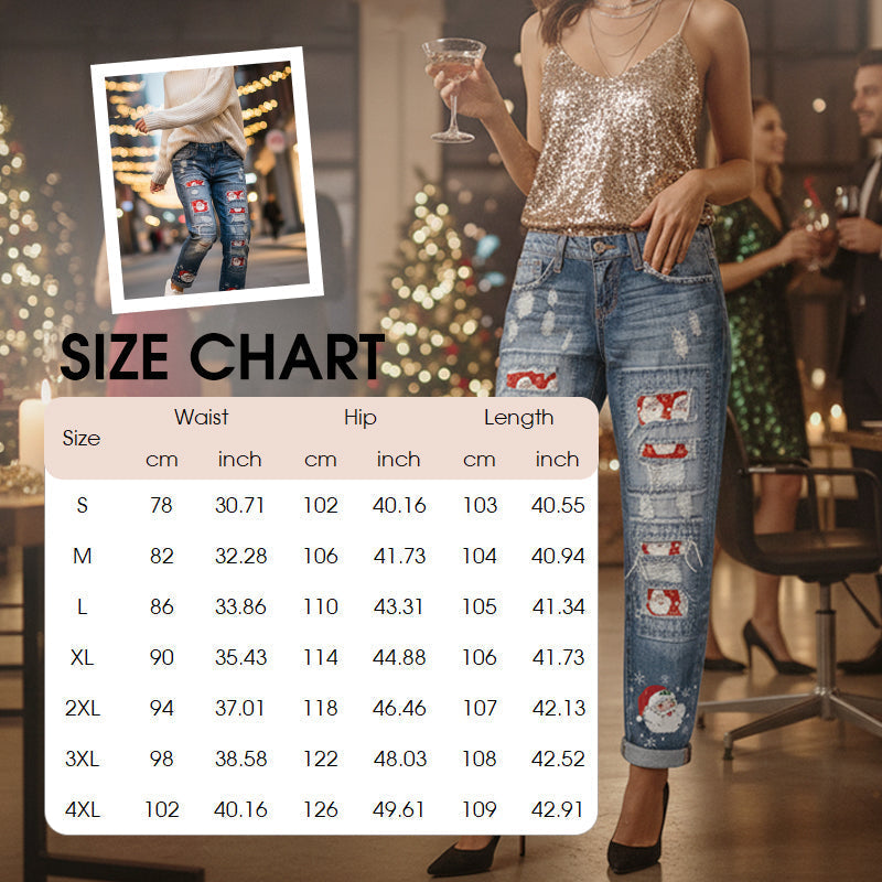 Weihnachtsmuster-Ripped-Jeans für Frauen