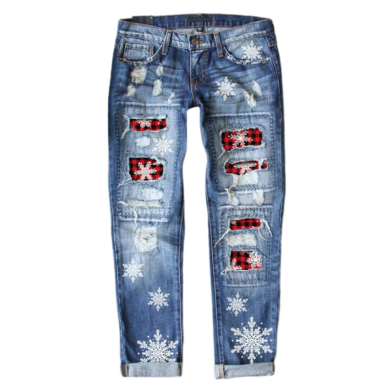 Weihnachtsmuster-Ripped-Jeans für Frauen