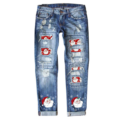 Weihnachtsmuster-Ripped-Jeans für Frauen